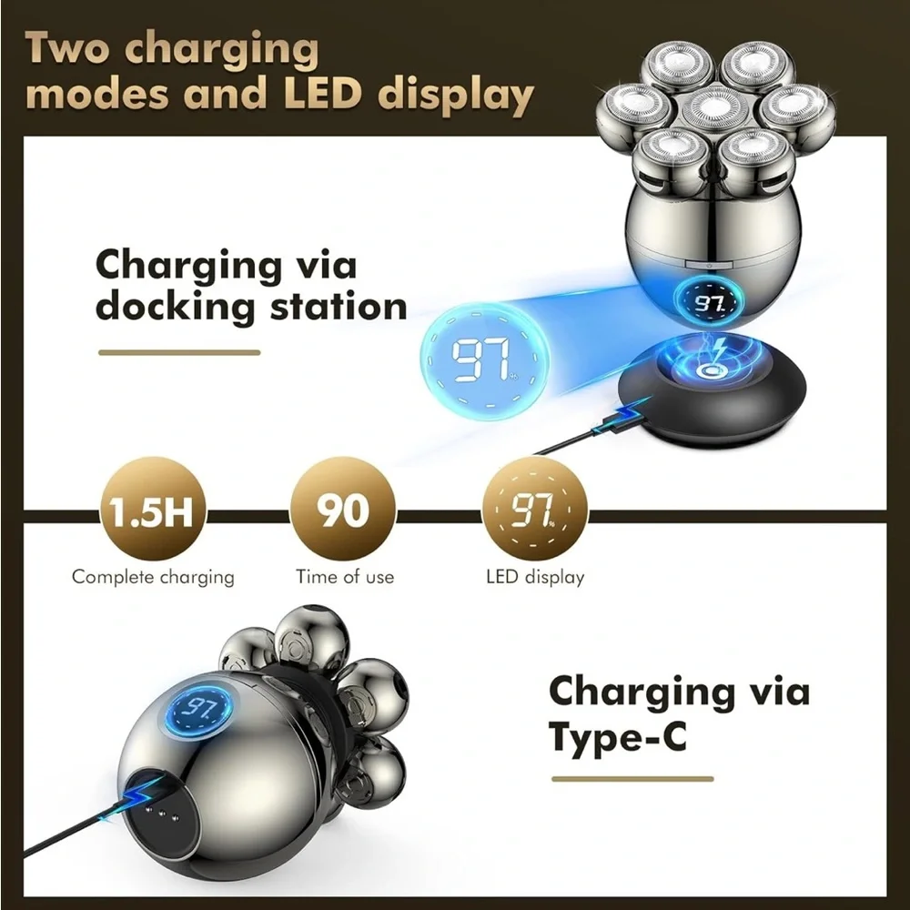 NEW! 7D Wireless Bald Head Shavers Waterproof Wet/Dry LED Display Type-C Charge